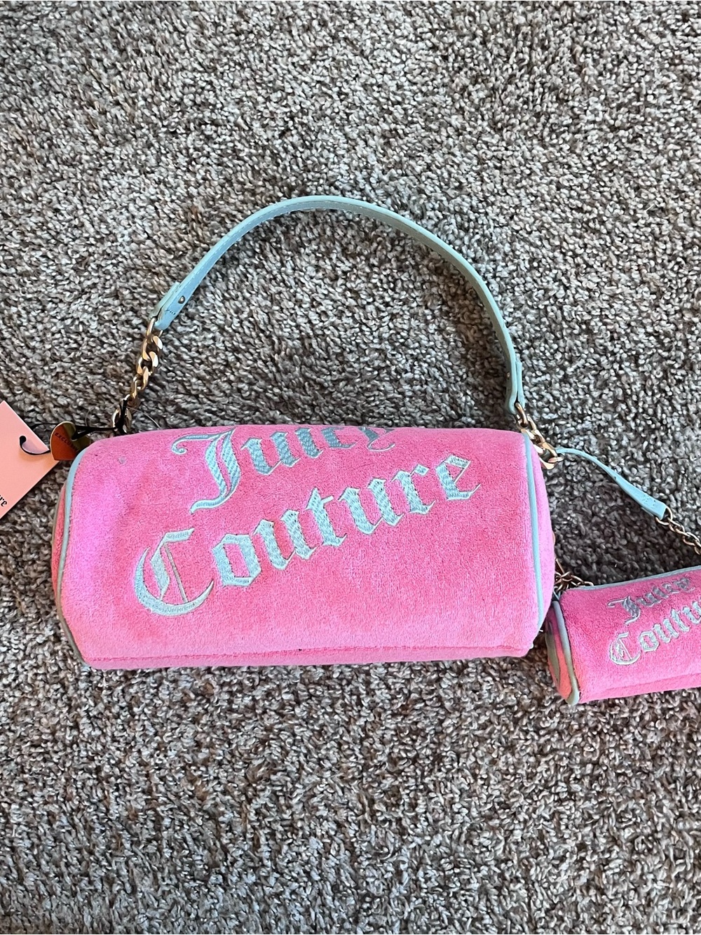 Juicy Couture Pink Suede Barrel Shoulder Bag with Light Blue Trim